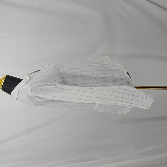 Saks Fifth Avenue Linen White Blue Striped Collared Button Tab Roll Sleeve Top M - Picture 6 of 10